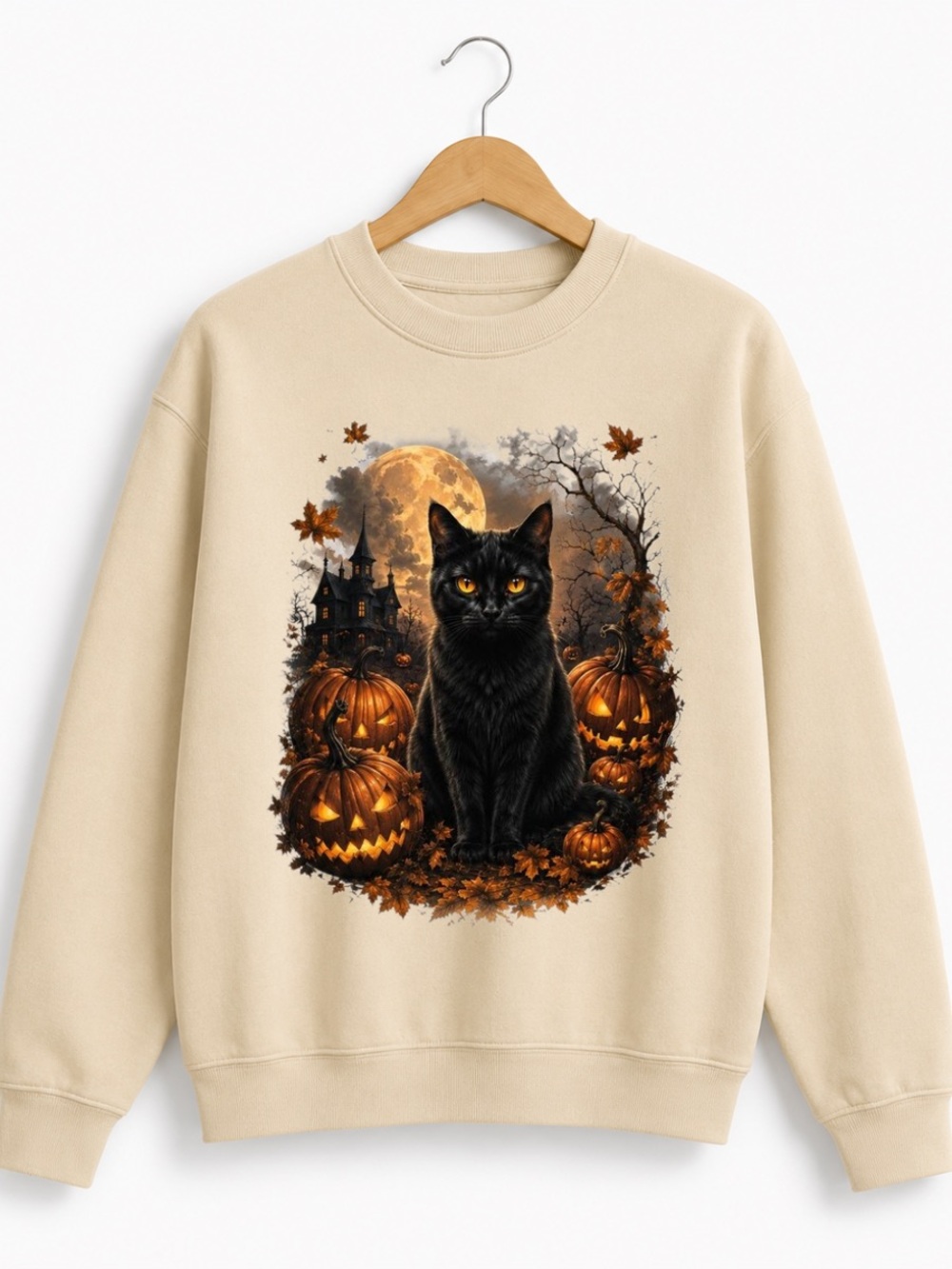 Sand Sweatshirt with Black Cat & Pumpkin Halloween Graphic